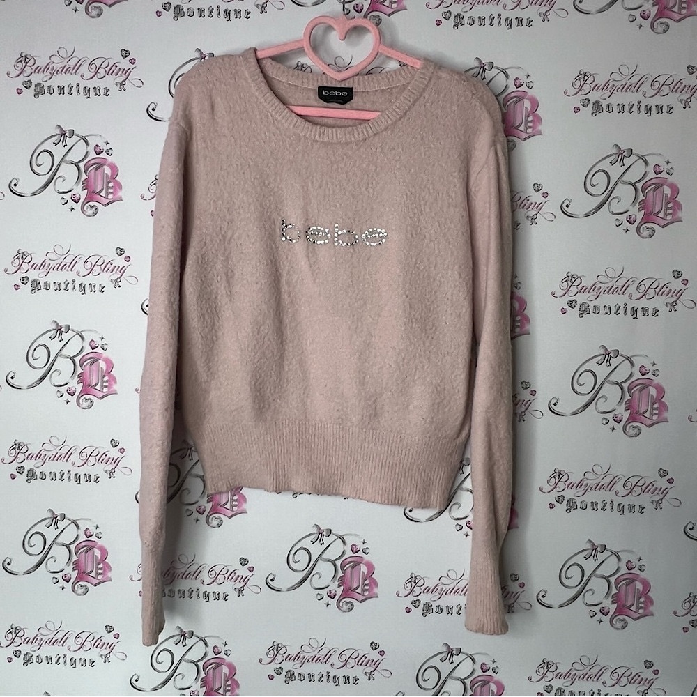 Bebe sweater furry fuzzy pink bling crystal rhinestone Swarovski